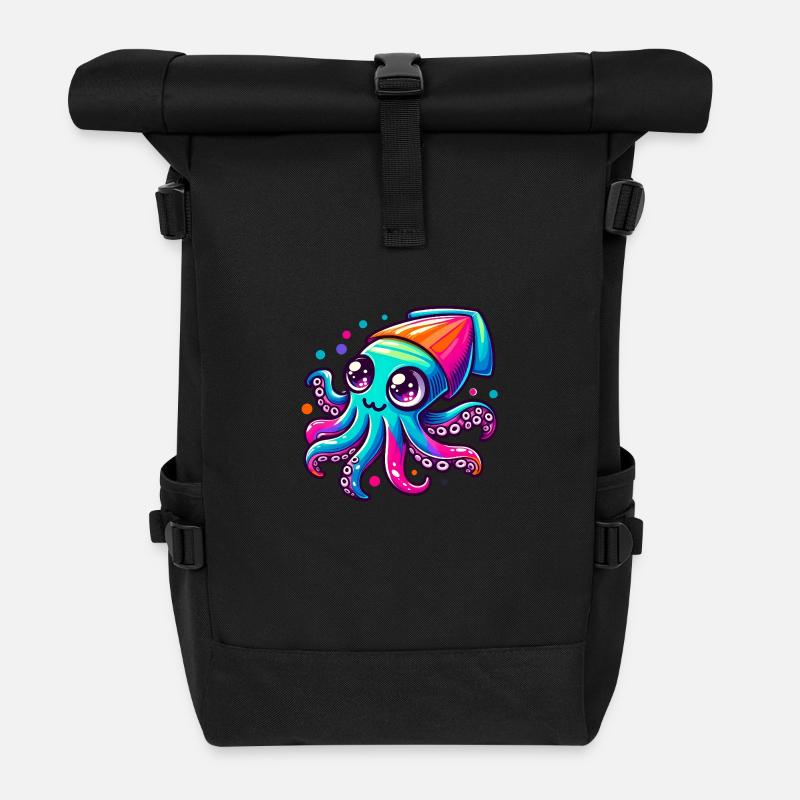 Colorful Squid for Kids - Roll Top Backpack - black