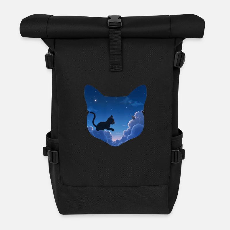 Cat Hunts Mice in the Clouds - Roll Top Backpack - black