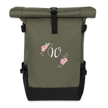 Rosa Blumenbuchstabe w - Rolltop Rucksack - Olive/Schwarz - Vorne