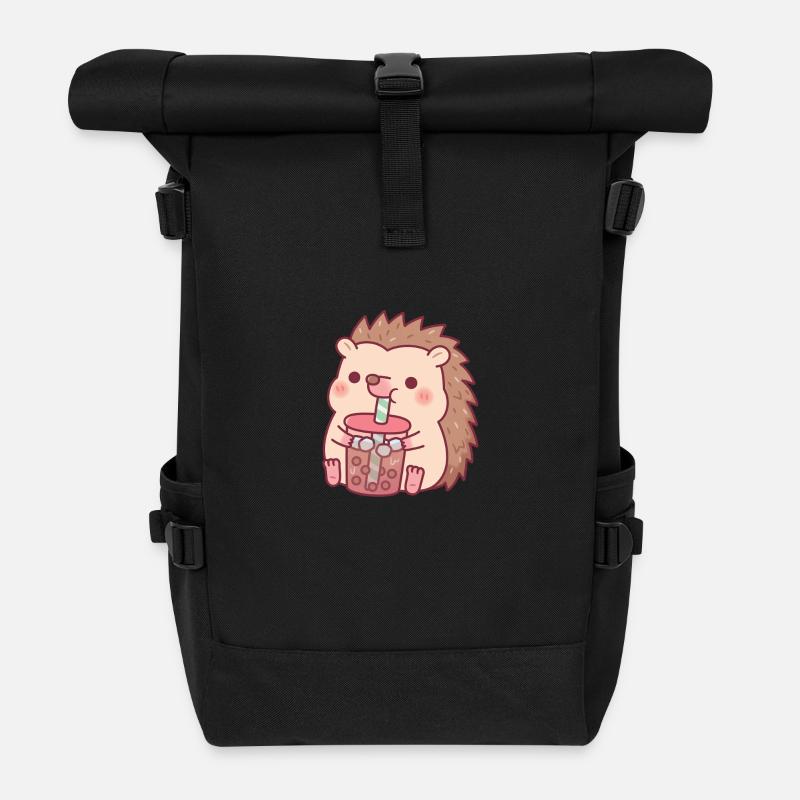 Cute Hedgehog Drinking Boba Tea - Roll Top Backpack - black