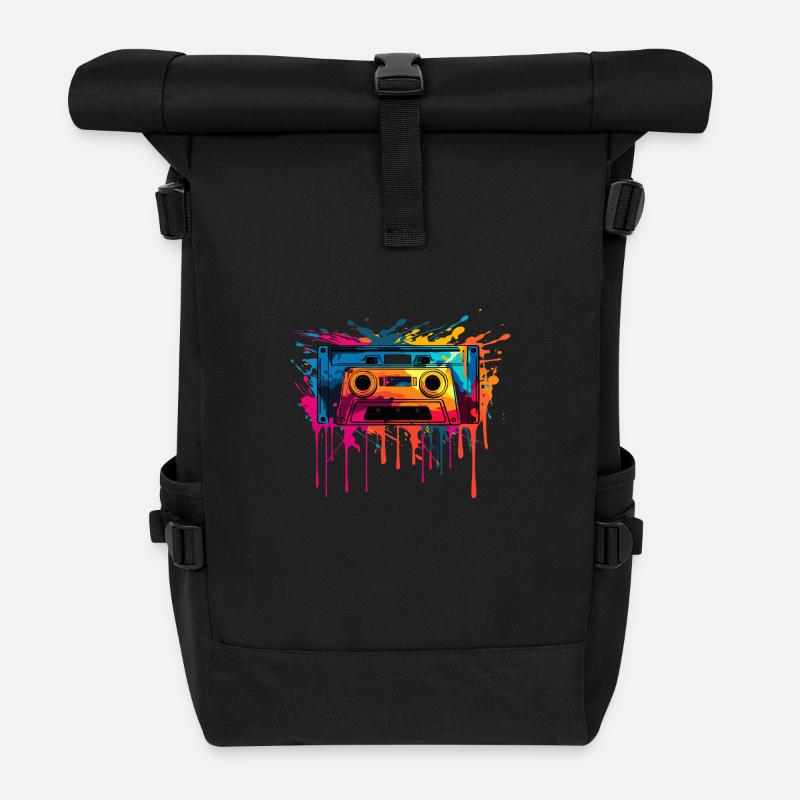Retro Design Kassette - Rolltop Rucksack - Schwarz