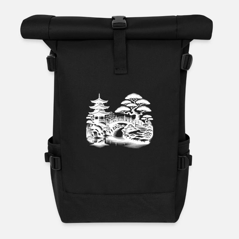 Spiritual Balance Japanese Temple Bridge - Roll Top Backpack - black