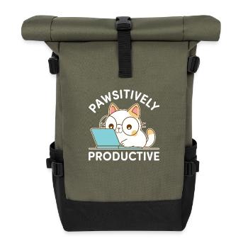 Pawsitively Productive – Kawaii Cat at Work - Roll Top Backpack - olive/black - Front