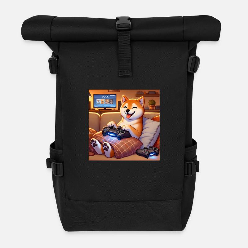 Shiba Inu playing video games - Roll Top Backpack - black