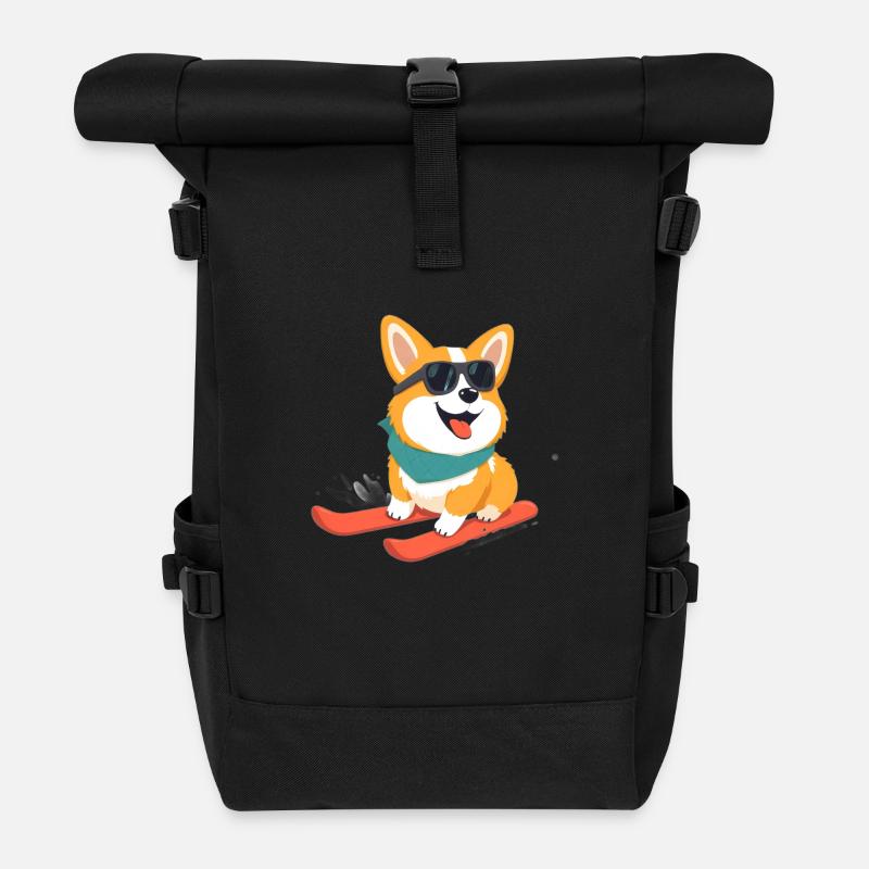 Cute Corgi Skiing - Roll Top Backpack - black