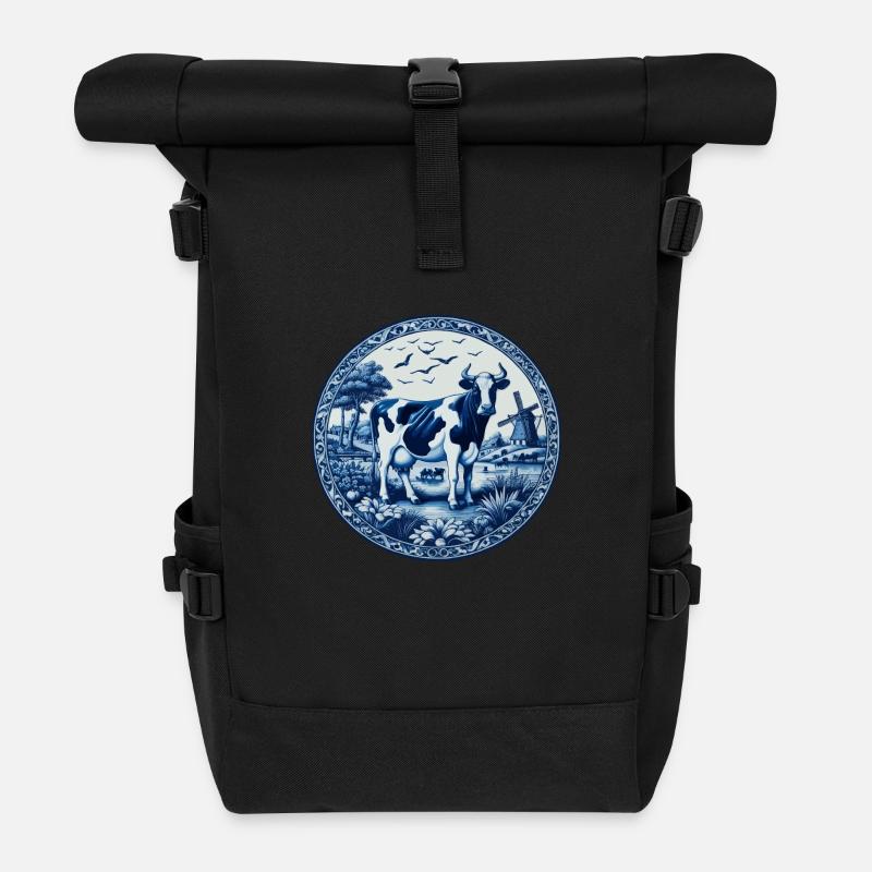 Delfter blaue Kuh - Rolltop Rucksack - Schwarz