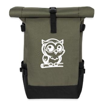 Child-friendly cartoon owl with big eyes - Roll Top Backpack - olive/black - Front