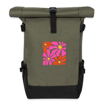 Fleurs groovy rétro rose et orange - Sac à dos roll top - olive/noir - Devant