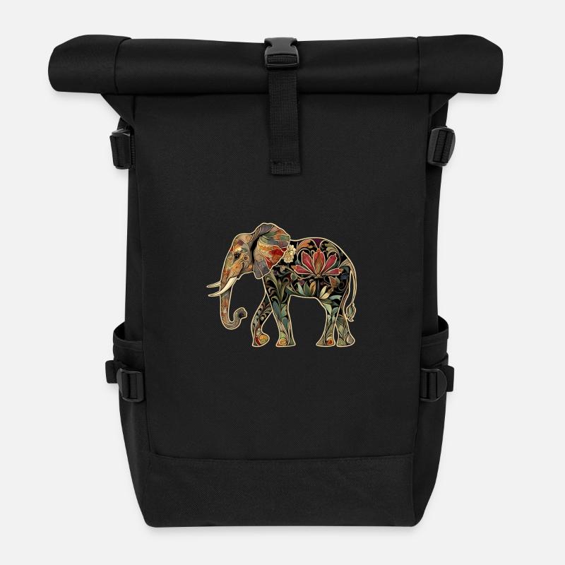 Elefant Floral Blumen - Rolltop Rucksack - Schwarz