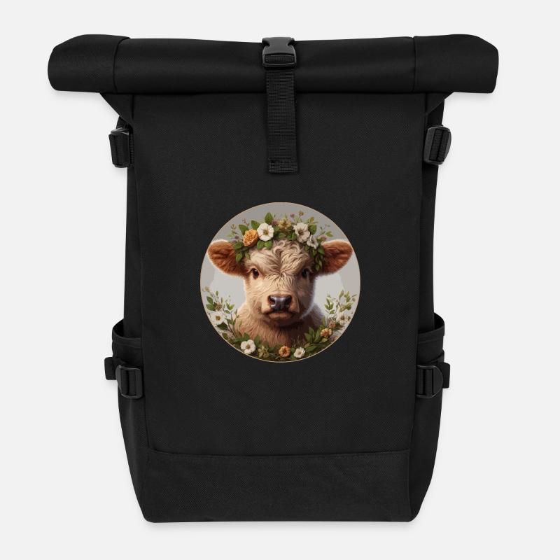 Highlander-Kalb mit Blumen - Rolltop Rucksack - Schwarz