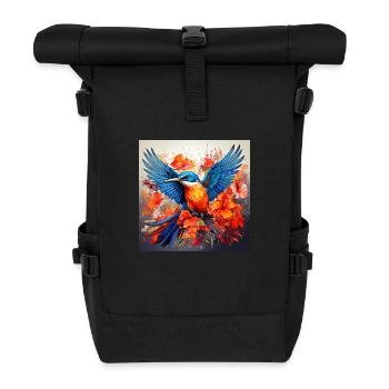 Kingfisher, hummingbird, hibiscus, flowers, colorful, painting - Roll Top Backpack - black - Front