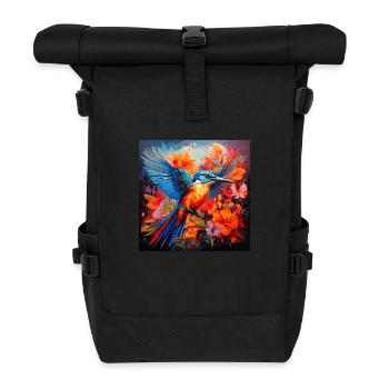 Kingfisher, hummingbird, hibiscus, flowers, colorful, painting - Roll Top Backpack - black - Front