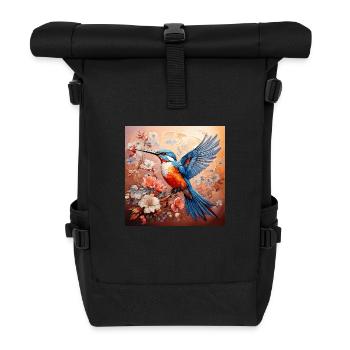 Kingfisher, hummingbird, hibiscus, flowers, pastel, painting - Roll Top Backpack - black - Front