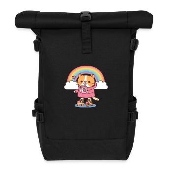 Cute Cat With Strawberry Milk And Roller Skates - Roll Top Backpack - black - Front