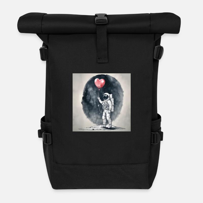 Astronaut auf Mond mit rotem Ballon in Herzform - Rolltop Rucksack - Schwarz