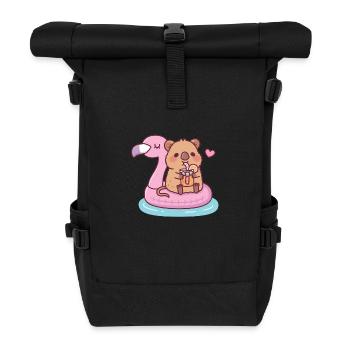 Cute Quokka Enjoying Orange Juice Flamingo Float - Roll Top Backpack - black - Front