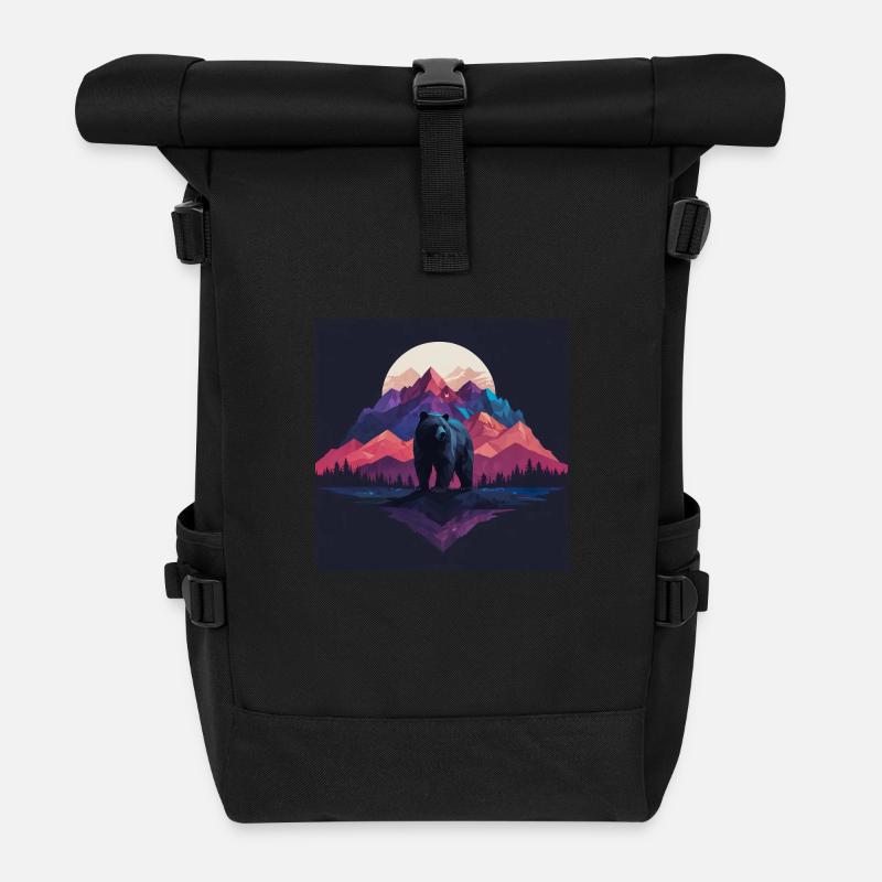 Bär mit Natur Landschaft bei Mondschein - Rolltop Rucksack - Schwarz