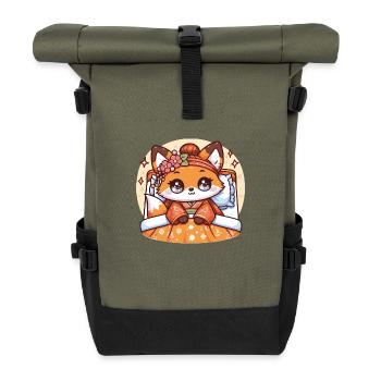 Kawaii japanischer Fuchs Geschenke - Rolltop Rucksack - Olive/Schwarz - Vorne