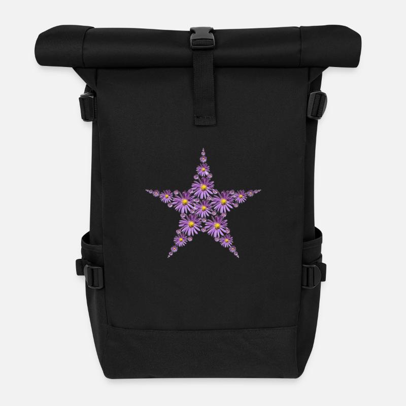 Stern aus lila Astern Blüten - Rolltop Rucksack - Schwarz
