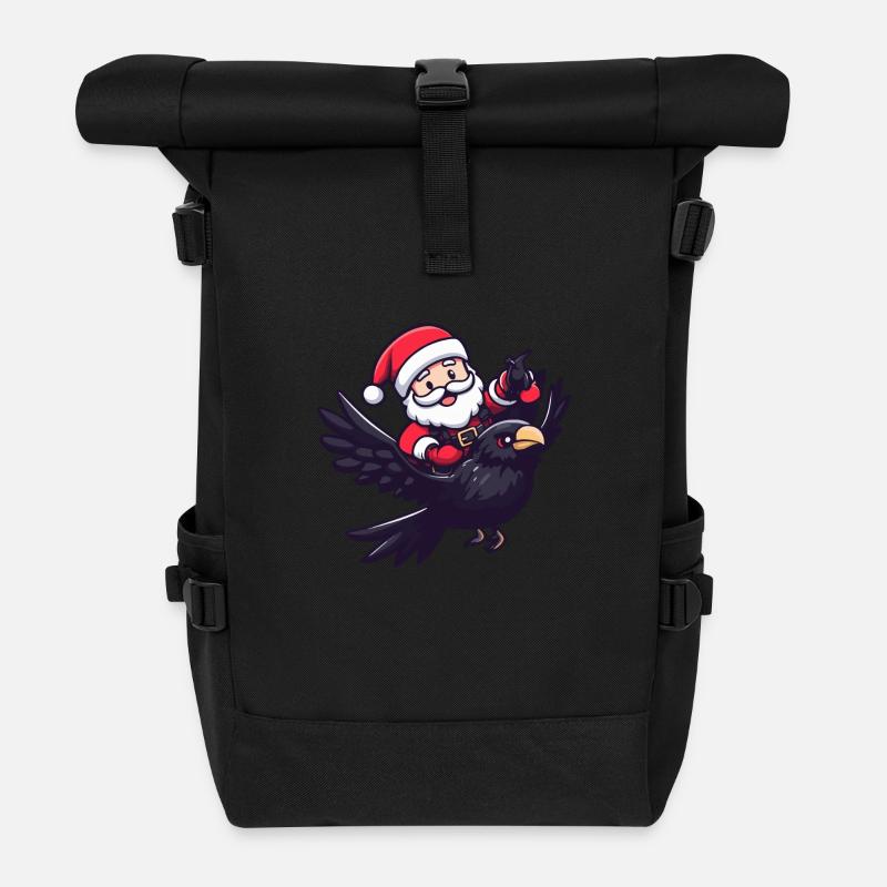 Raven Crow Santa Claus Cartoon - Roll Top Backpack - black