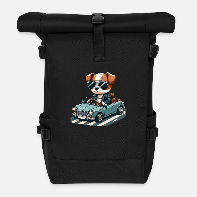 Gangsta-Hund in einem Oldtimer 🐶🚗🕶️ - Rolltop Rucksack - Schwarz