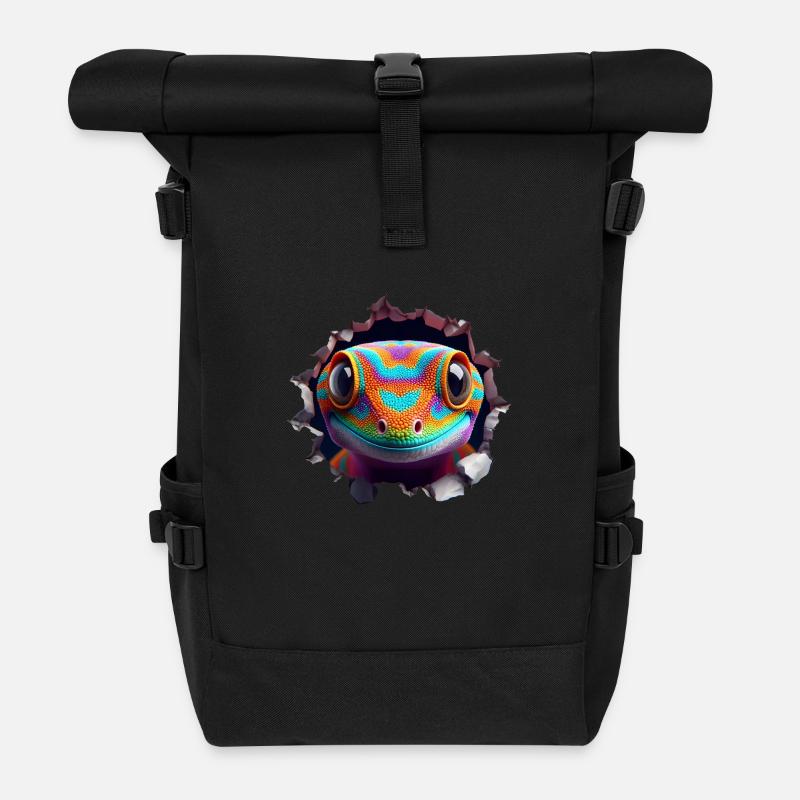 Bunter Gecko Kopf im Loch 2 - Rolltop Rucksack - Schwarz