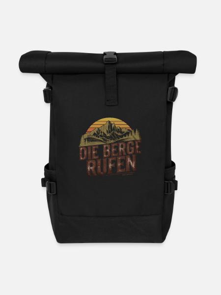 DIE BERGE RUFEN - Rustikales Schild Design - Rolltop Rucksack - Schwarz