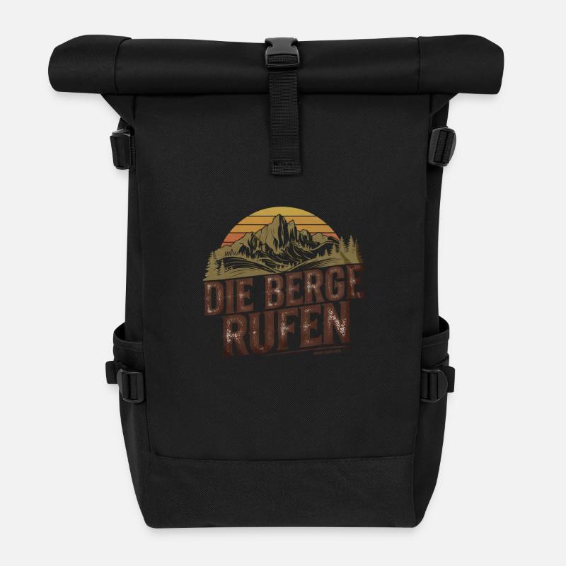 DIE BERGE RUFEN - Rustikales Schild Design - Rolltop Rucksack - Schwarz