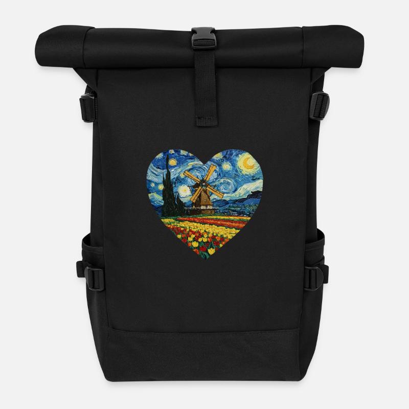 Hollande art Moulin à vent et tulipes VG - Sac à dos roll top - noir