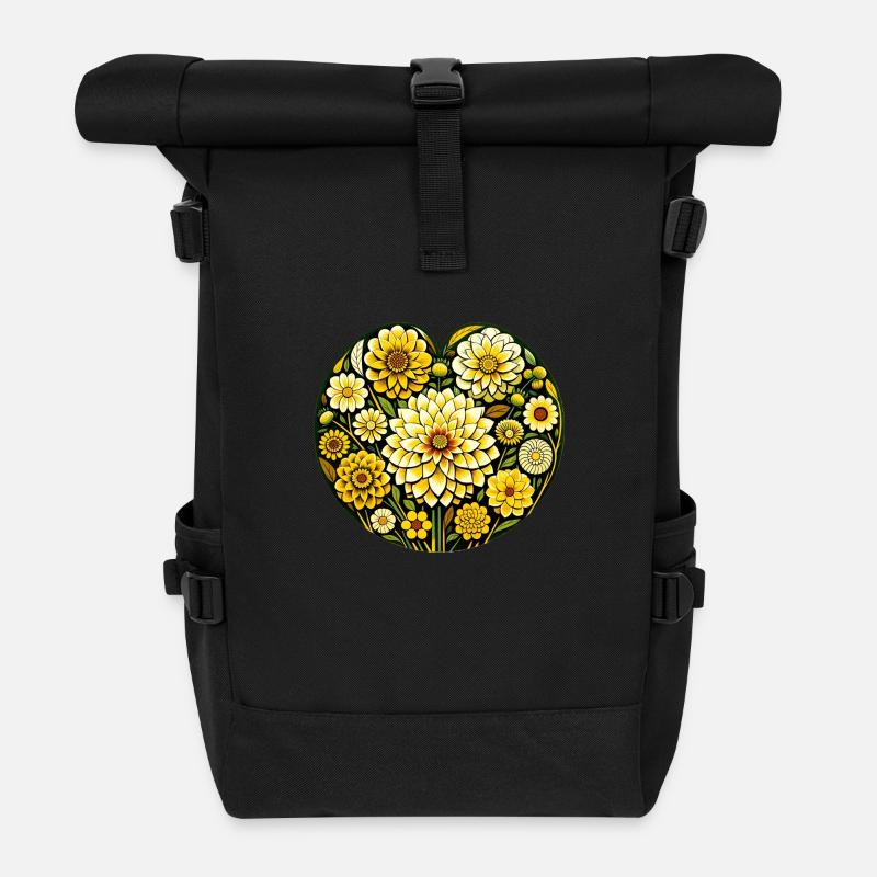 Retro Dahlia Herz Blumige Liebe - Rolltop Rucksack - Schwarz
