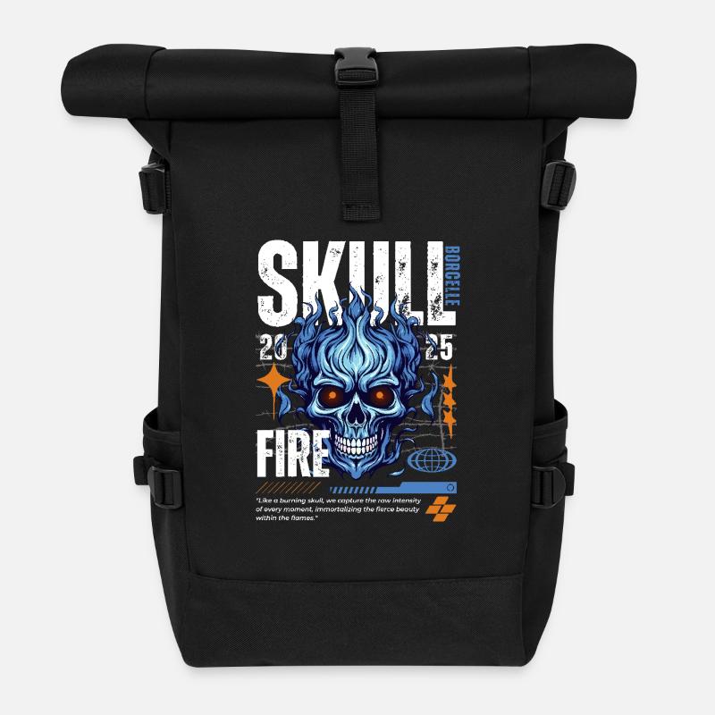 Blue Skull White - Roll Top Backpack - black