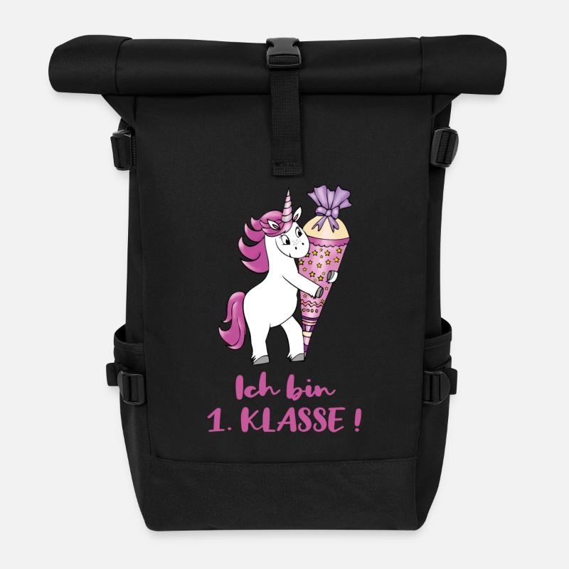 Einhorn mit Zuckertüte Erste Klasse - Rolltop Rucksack - Schwarz