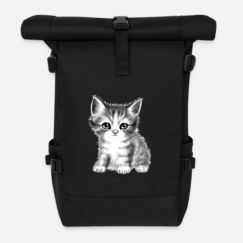 Kitty cat black-white fluffy sweet cute - Roll Top Backpack - black