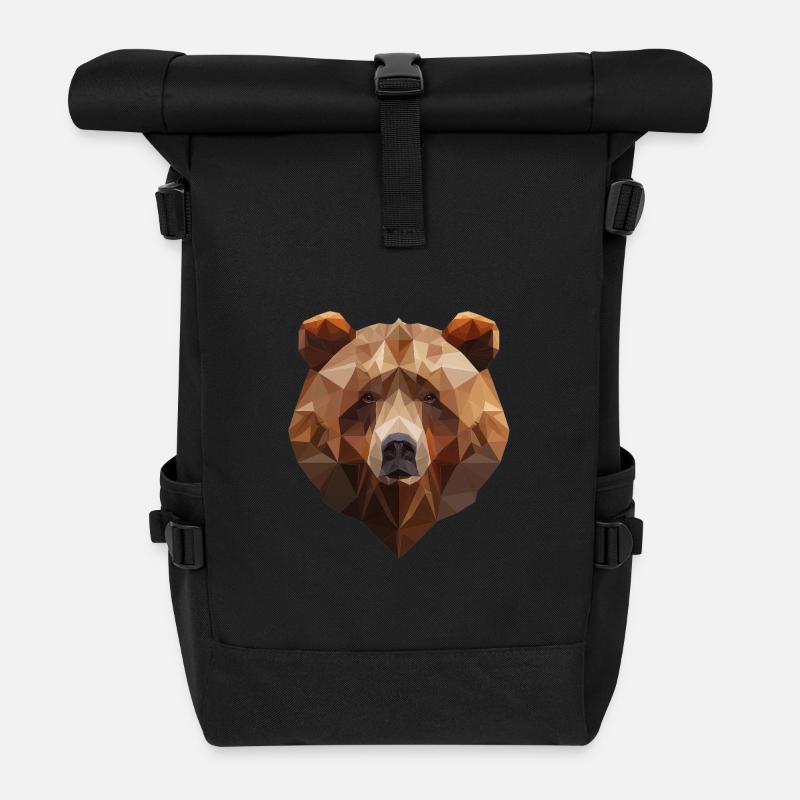 Ours brun | Conception de logo d’art low poly - Sac à dos roll top - noir