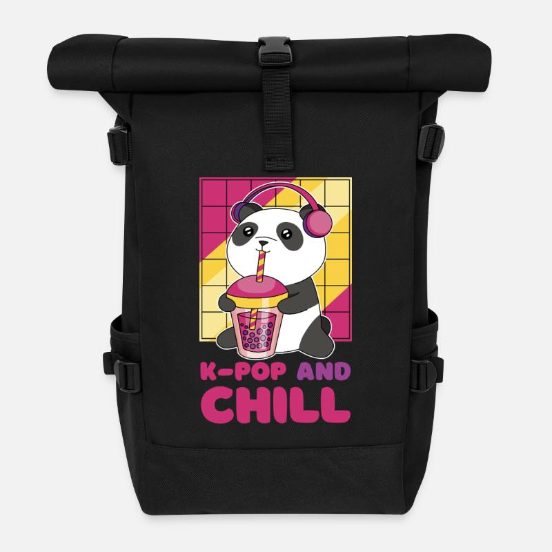 Panda kawaii avec écouteurs et thé à bulles - Sac à dos roll top - noir