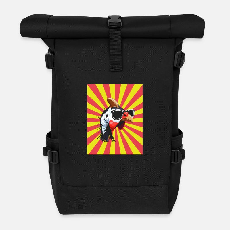 Chickens Rooster Guinea Fowl - Roll Top Backpack - black