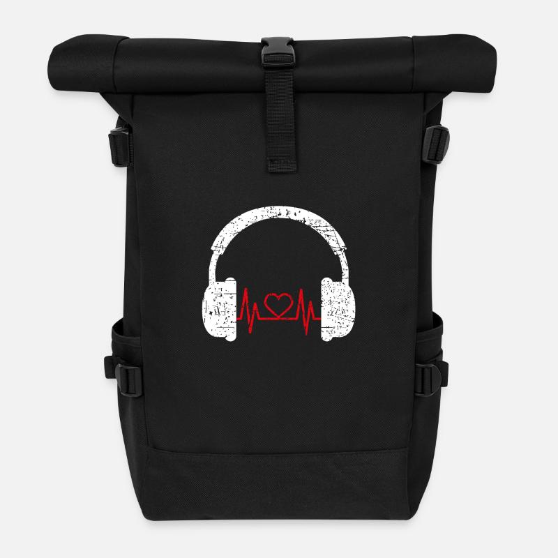 Kopfhörer Herzschlag DJ Musik Geschenk Shirt - Rolltop Rucksack - Schwarz