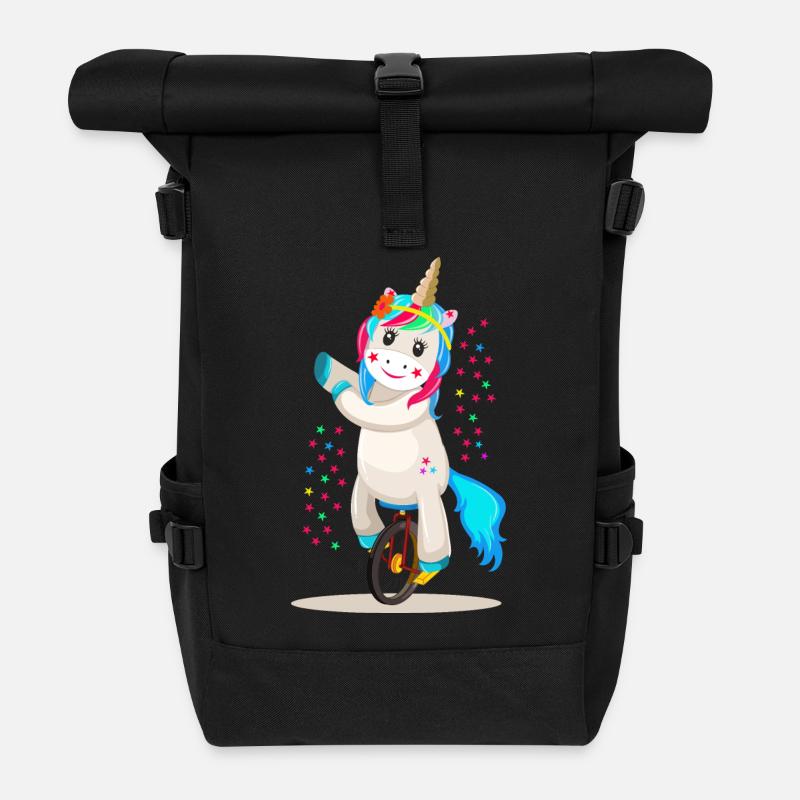 Einhorn Unicorn auf einem Einrad - Rolltop Rucksack - Schwarz