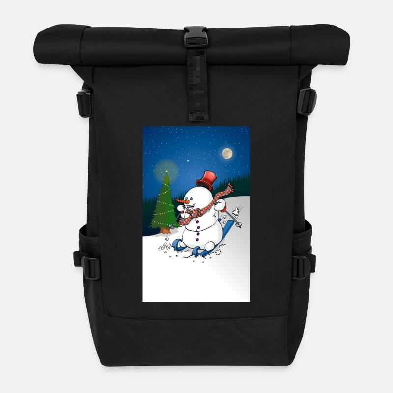 Illustration of a cheerful snowman on skis - Roll Top Backpack - black