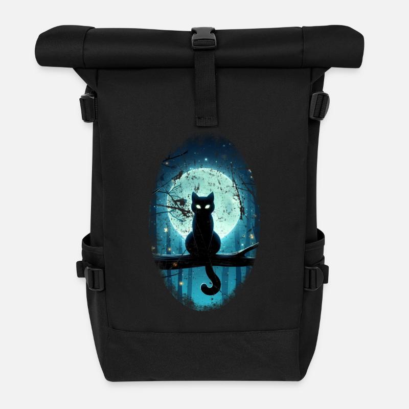 Schwarze Katze vor Vollmond - Rolltop Rucksack - Schwarz