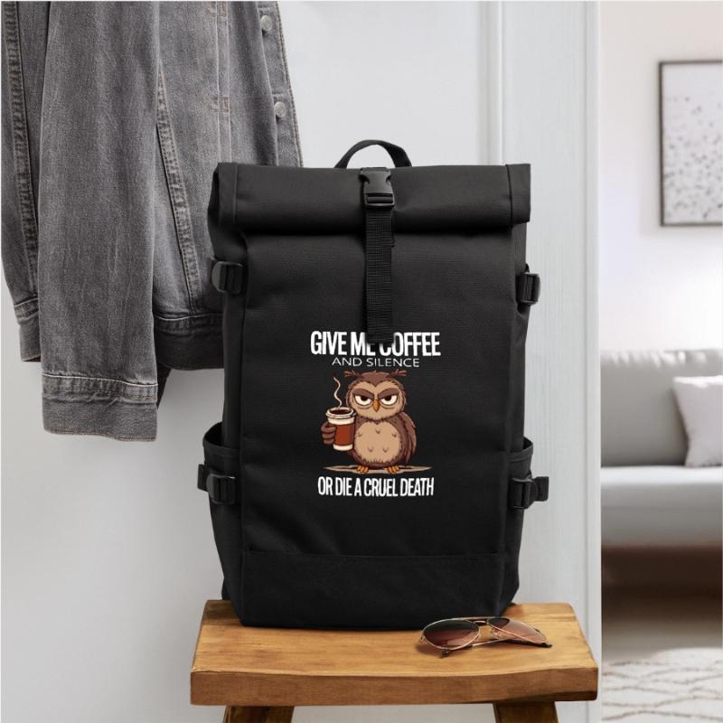 Kaffee Eule - geb mir Kaffee und Stille oder stirb Rolltop Rucksack