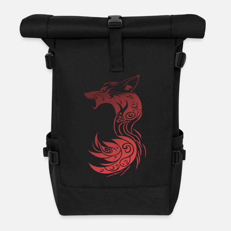 Red Tribal Fantasy Fox - Roll Top Backpack - black