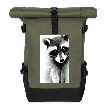Comic-Karikatur eines nordamerikanischen Waschbären - Rolltop Rucksack - Olive/Schwarz - Vorne