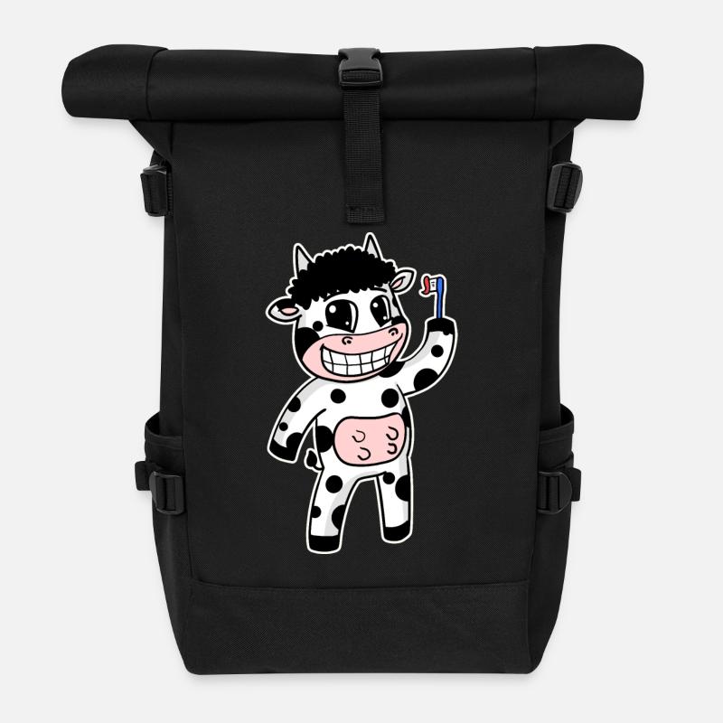 Kuh mit Zahnbürste - Rolltop Rucksack - Schwarz