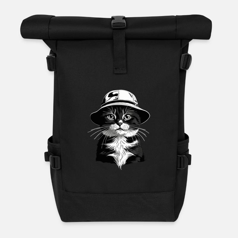 Schwarzweiße Katze Bucket Hat - Rolltop Rucksack - Schwarz
