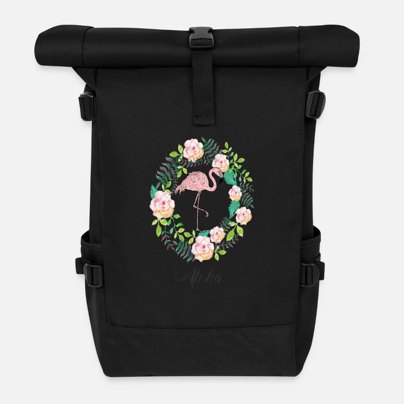 Flamingo - Aloha - Blumenkranz - Rolltop Rucksack - Schwarz