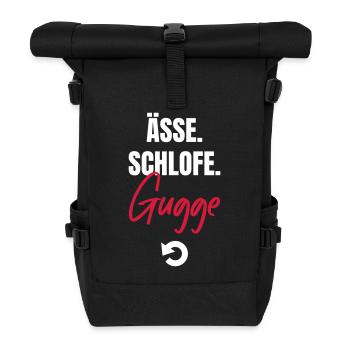 Essen, Schlafen, Gugge, Repeat - Rolltop Rucksack - Schwarz - Vorne