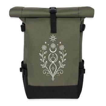 Kleine Mittsommer Göttin – Spirituelles Motiv - Rolltop Rucksack - Olive/Schwarz - Vorne