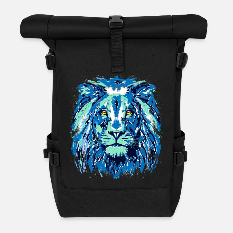 Blauer Löwe - Löwenkopf - Sternzeichen Löwe - Rolltop Rucksack - Schwarz