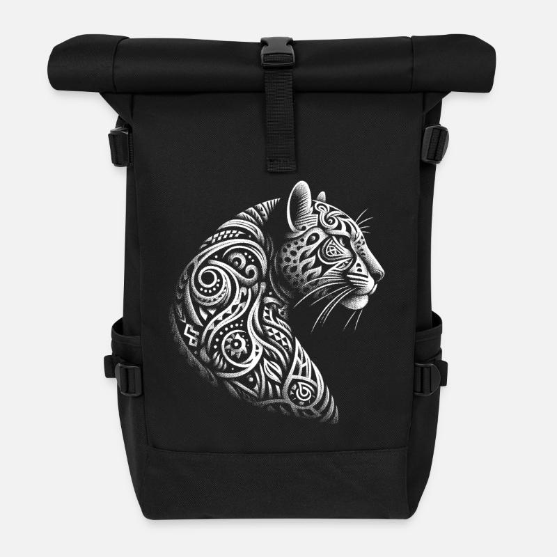 Panther Ornament Tribal Animal Design - Roll Top Backpack - black